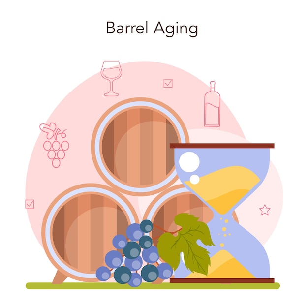 Concepto de producción de vino. Crianza del vino en barrica de madera o ánfora de barro. Mesa y conjunto de características de bebidas alcohólicas de prestigio. Vino de uva en botella o copa. Ilustración vectorial plana