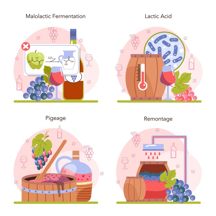 Vector concepto de producción de vino establece vino de uva en una botella o vaso de bebida alcohólica