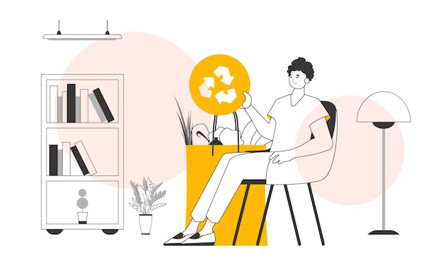 El concepto de productos ecológicos Un hombre un paquete con productos y un logotipo ecológico estilo Lineart
