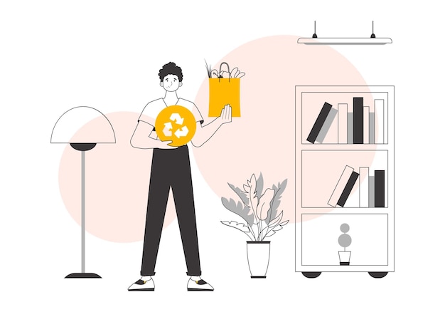 El concepto de productos ecológicos Paquete Boy con productos y logotipo ecológico estilo Lineart