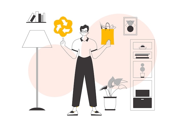 El concepto de productos ecológicos Paquete Guy con comestibles y logotipo ecológico Estilo moderno lineal