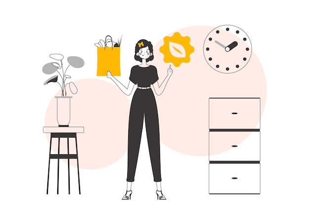 El concepto de productos ecológicos Paquete de mujer con productos y logotipo ecológico Estilo de moda Lineart