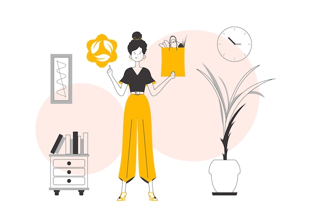 El concepto de productos ecológicos Paquete de niña con productos y logotipo ecológico Estilo lineal de moda