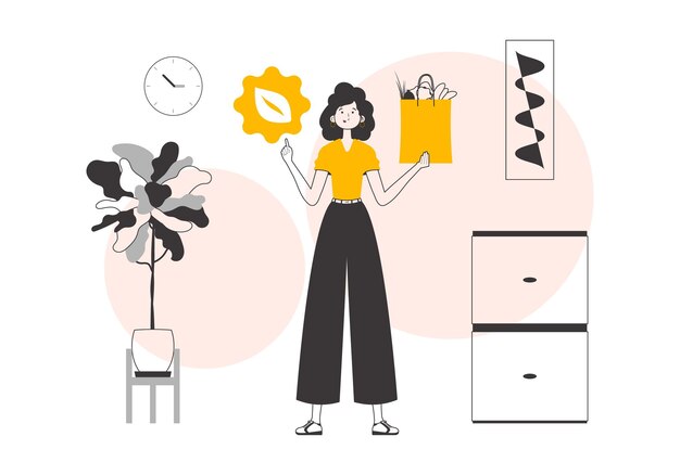 El concepto de productos ecológicos Paquete de niña con productos y logotipo ecológico Estilo lineal