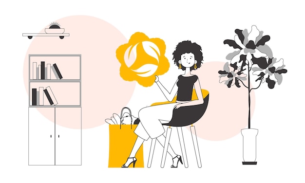 El concepto de productos ecológicos Paquete de niña con productos y logotipo ecológico estilo Lineart