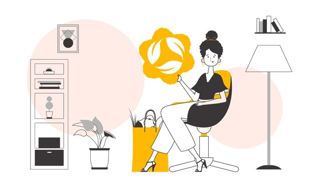 El concepto de productos ecológicos Paquete de niña con productos y logotipo ecológico estilo moderno Lineart