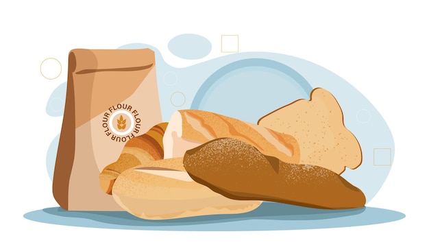 Concepto de productos de panadería Pan y pan cerca de bolsa de harina Pastelería casera y panadería Comer y comer Cocina de baguettes y panes Ilustración vectorial plana de dibujos animados