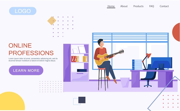 Concepto de profesiones en línea Plantilla de página de destino del sitio web Chico sentado en la oficina con guitarra