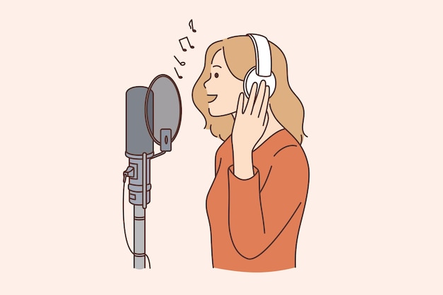 Concepto de programa de cantante, blogger y radio. Mujer sonriente joven en auriculares de pie cantando canciones o hablando por micrófono en la ilustración de vector de estudio