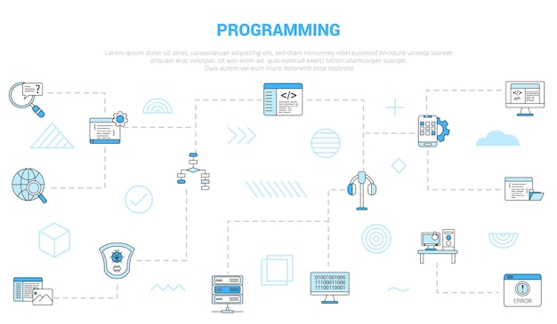 Concepto de programación con banner de plantilla de conjunto de iconos con estilo de color azul moderno