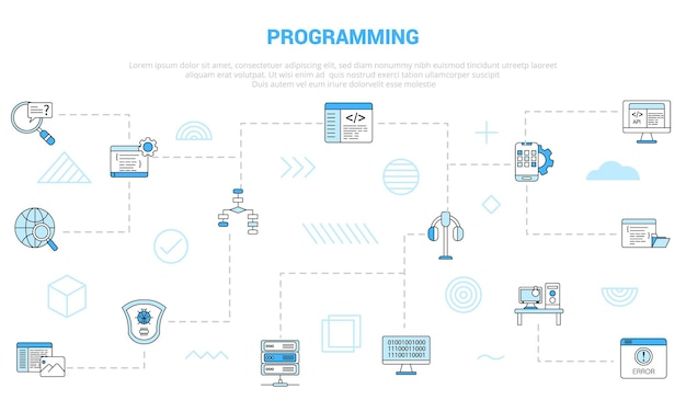 Vector concepto de programación con banner de plantilla de conjunto de iconos con estilo de color azul moderno