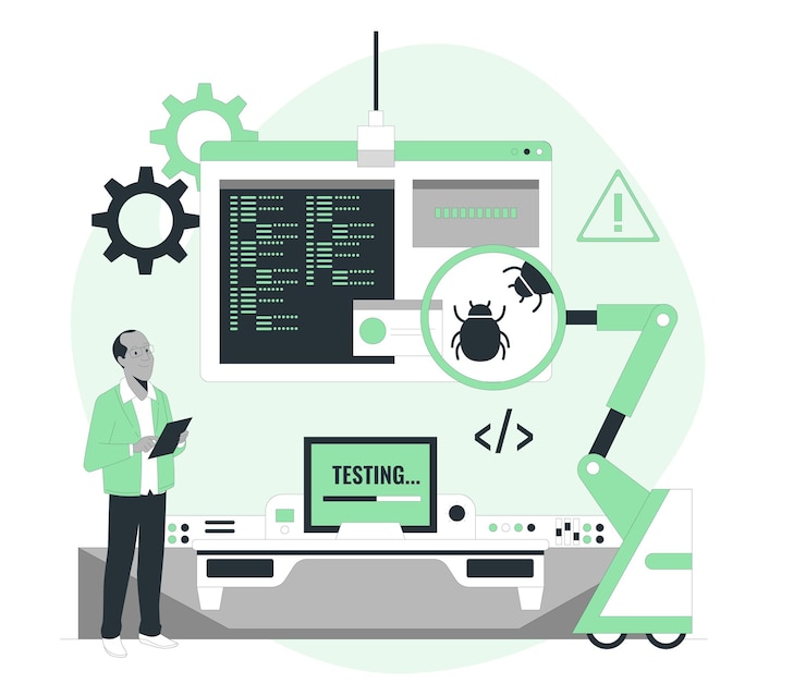Vector concepto de programación y codificación desarrollo de software ilustración vectorial en estilo plano.