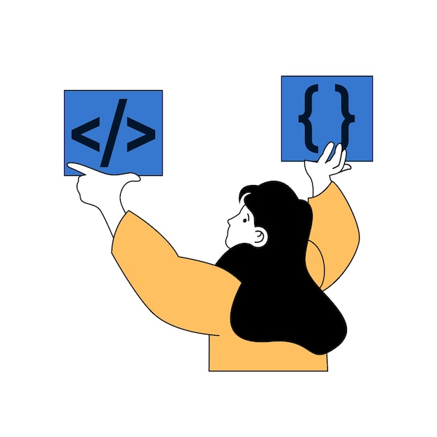 Concepto de programación con gente de dibujos animados en diseño plano para web Mujer creando scripts de código de aplicación y programas de prueba de algoritmos Ilustración vectorial para material de marketing de banners en redes sociales
