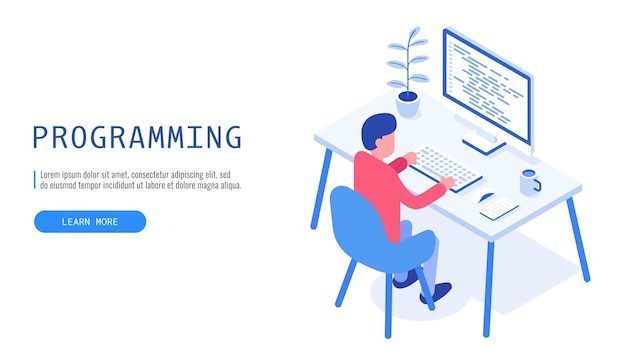 Concepto de programación hombre programador en el trabajo web banner vector illustrationxa