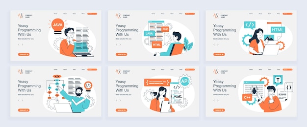 Concepto de programación de página de aterrizaje con plantillas de diapositivas establecidas en diseño plano encabezados de sitios web con personas codificando en computadora creando scripts y algoritmos desarrollando programas ilustraciones vectoriales