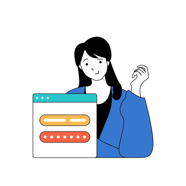 Concepto de programación con personas de dibujos animados en diseño plano para aplicaciones web de codificación e ingeniería de mujeres que utilizan acceso de inicio de sesión seguro al sistema Ilustración vectorial para material de marketing de banners en redes sociales
