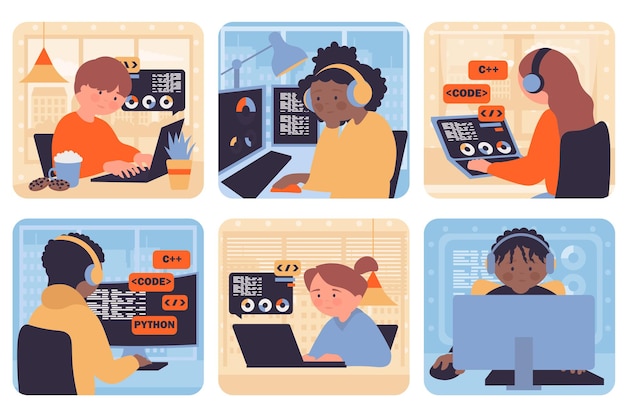 Concepto de programación con personas Situación establecida en diseño web plano Escenas agrupadas con personajes diversos multiétnicos Codificación y creación de software en computadora y portátil en la oficina Ilustraciones vectoriales