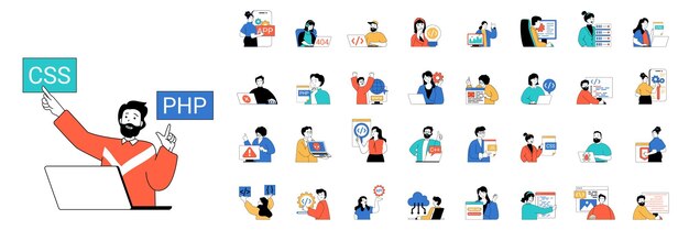 Concepto de programación con personas situaciones mega establecidas en diseño web plano Escenas de paquetes de desarrolladores codificando la creación de aplicaciones o software Ilustraciones vectoriales para materiales de marketing de banner de redes sociales