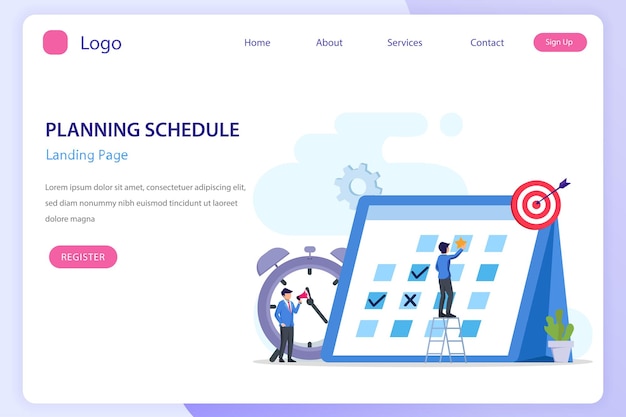 Concepto de programación de planificación Personas que completan la programación en un calendario gigante Trabajo de planificación Trabajo en progreso Plantilla de vector plano