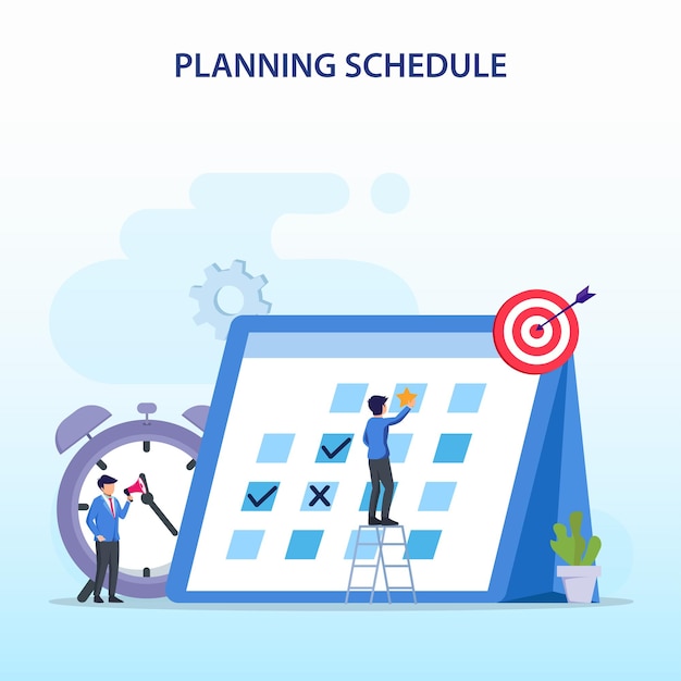 Concepto de programación de planificación personas que completan la programación en un vector plano de calendario gigante