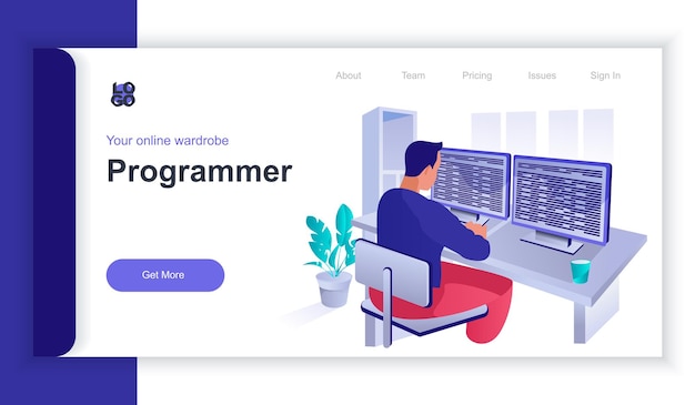 Vector concepto de programador d banner web isométrico con código de hombre de escena de personas y programas que funcionan