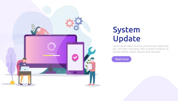 Vector concepto de progreso de actualización del sistema operativo. proceso de sincronización de datos y programa de instalación. ilustración plantilla de página de destino web, pancarta, presentación, interfaz de usuario, póster, anuncio, promoción o medios impresos.