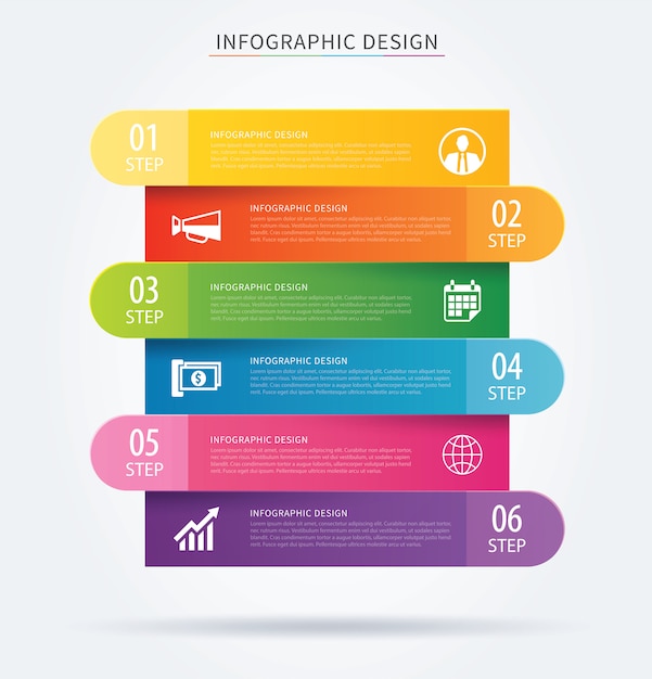 Concepto de progreso de ficha infografía empresarial con seis pasos.