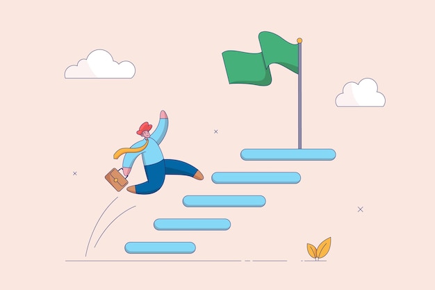 Concepto de progreso Mejora al éxito paso adelante para hacer crecer el viaje comercial para lograr el objetivo