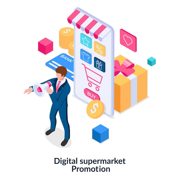 Concepto de promoción de supermercados digitales Publicidad de bienes y servicios