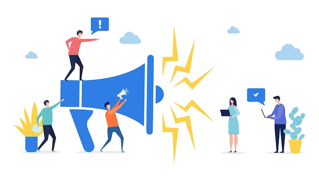 Concepto de promoción. Target marketing, ilustración publicitaria en redes sociales. Gente diminuta plana con ordenadores portátiles y megáfono. Altavoz de marketing empresarial de ilustración, publicidad de promoción