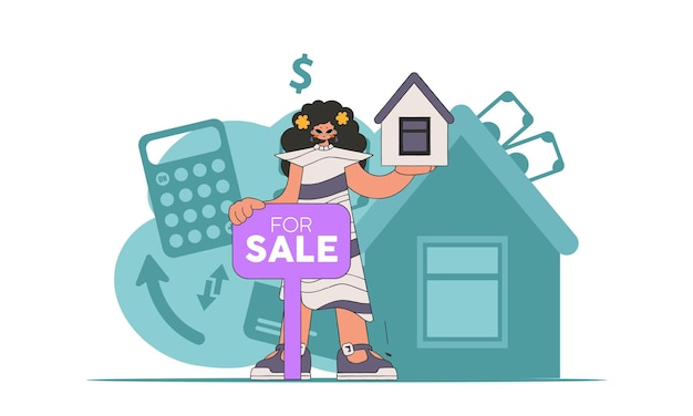 Vector el concepto de propiedad inmobiliaria. chica agente inmobiliario vende una casa.