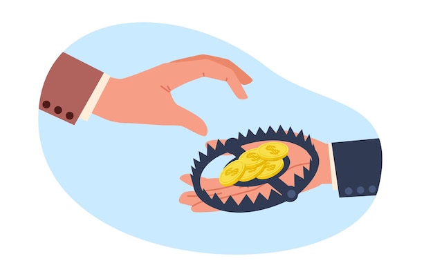 Concepto de propuesta dudosa Empresario toma dinero de la trampa arriesgando un trato injusto Startup o proyecto dudoso Problemas financieros o de inversión Ilustración de estilo plano de dibujos animados vectorial