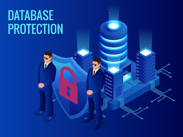 Concepto de protección de base de datos isométrica. Rack de sala de servidores, seguridad de base de datos, unidad de servidor de protección, tecnología digital informática. Industria de equipos de Internet. Servidor de telecomunicaciones de red.