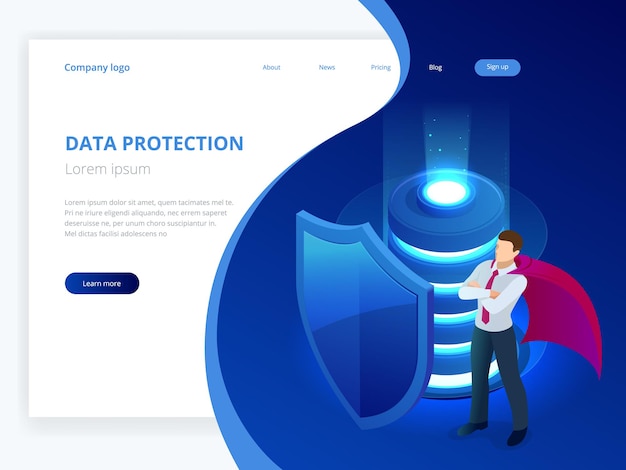 Concepto de protección de base de datos isométrica. rack de sala de servidores, seguridad de base de datos, unidad de servidor de protección, tecnología digital informática. industria de equipos de internet. servidor de telecomunicaciones de red.