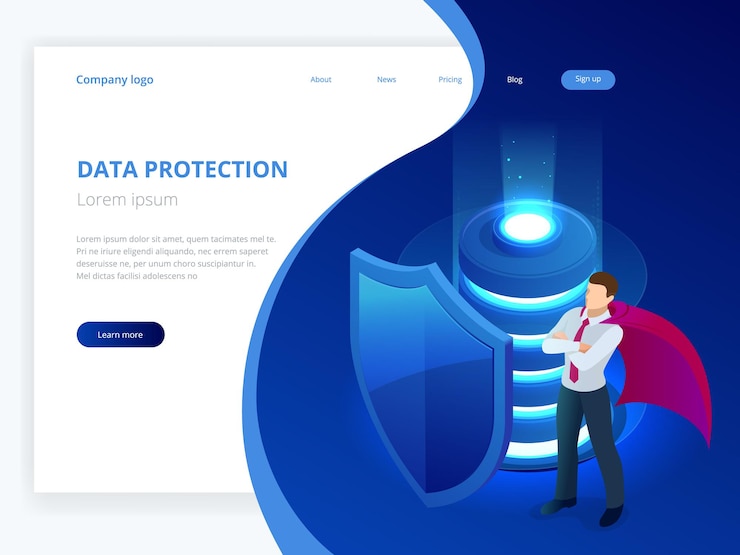 Vector concepto de protección de base de datos isométrica. rack de sala de servidores, seguridad de base de datos, unidad de servidor de protección, tecnología digital informática. industria de equipos de internet. servidor de telecomunicaciones de red.