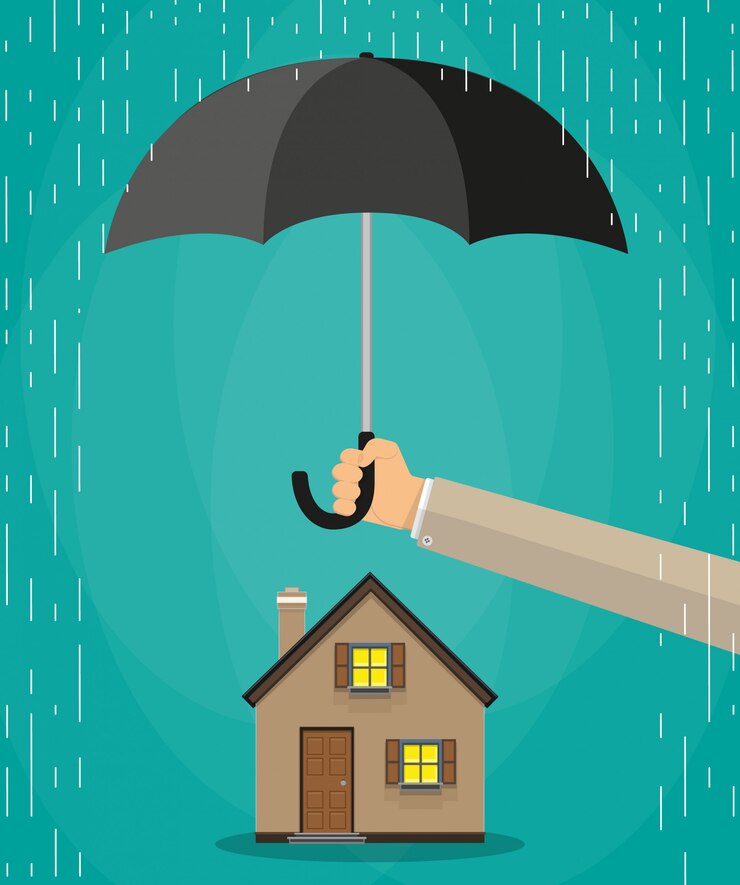 Vector concepto de protección de la casa viva de la historieta, mano del agente que sostiene el paraguas debajo de la lluvia sobre casa.