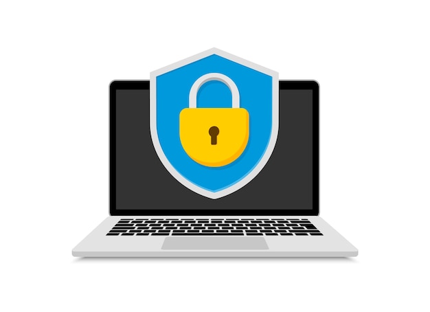 Concepto de protección de datos en la computadora portátil Escudo con bloqueo en la computadora
