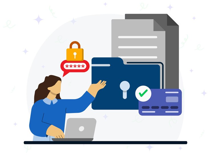 Vector concepto de protección de datos digitales una mujer que usa una computadora portátil para explicar una contraseña segura