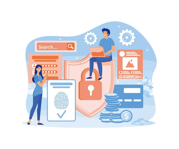 Concepto de protección de datos Escanear sistema de identificación de huellas dactilares ilustración moderna de vector plano