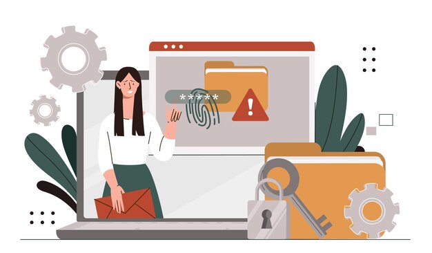 Concepto de protección de datos mujer cerca del sitio web en la llave de la computadora portátil cerca del candado y carpeta con archivo joven