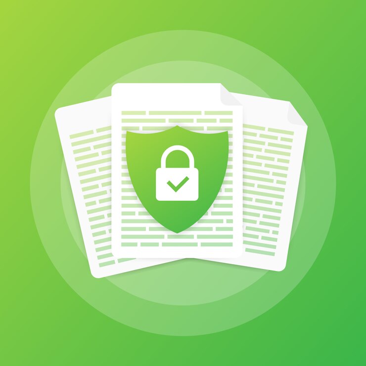 Vector concepto de protección de documentos, información confidencial y privacidad. asegure los datos con papel doc roll y protector