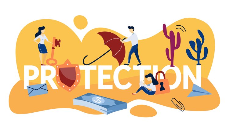 Vector concepto de protección. idea de seguridad y protección. seguros comerciales, sanitarios y financieros. ilustración de línea