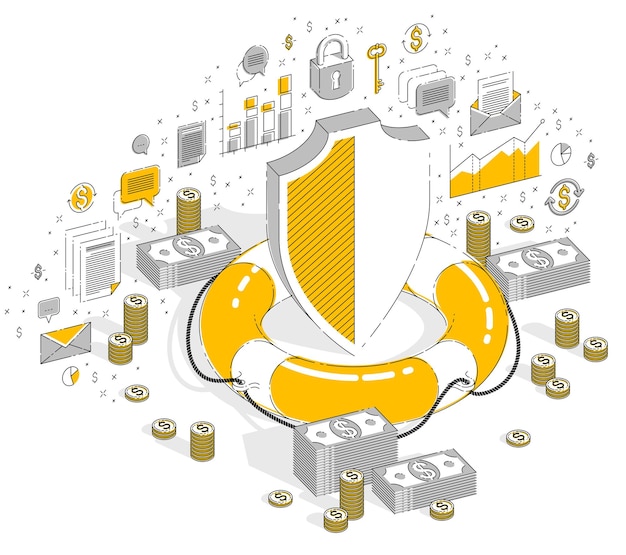 Concepto de protección y seguridad financiera, salvavidas y escudo con pila de dinero en efectivo y monedas aisladas en blanco. Ilustración isométrica de finanzas vectoriales 3d con iconos, gráficos de estadísticas y elementos de diseño.