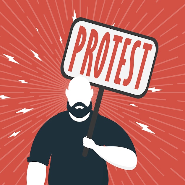 Concepto de protesta un hombre sostiene una pancarta vacía en sus manos bandera roja concepto de manifestación o protesta estilo de dibujos animados
