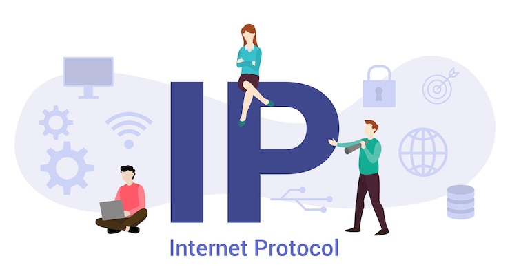 Vector concepto de protocolo de internet ip con palabra o texto grande y gente de equipo con vector de estilo plano moderno