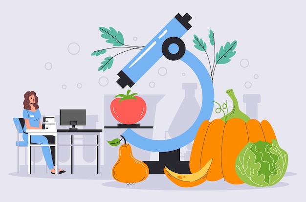 Vector concepto de prueba de gmo de ciencia de laboratorio de ingeniería de investigación de frutas vegetales de alimentos genéticos