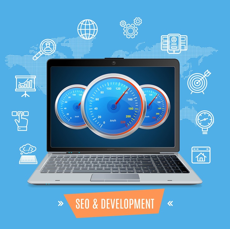 Vector concepto de prueba de velocidad del sitio seo y vector de desarrollo