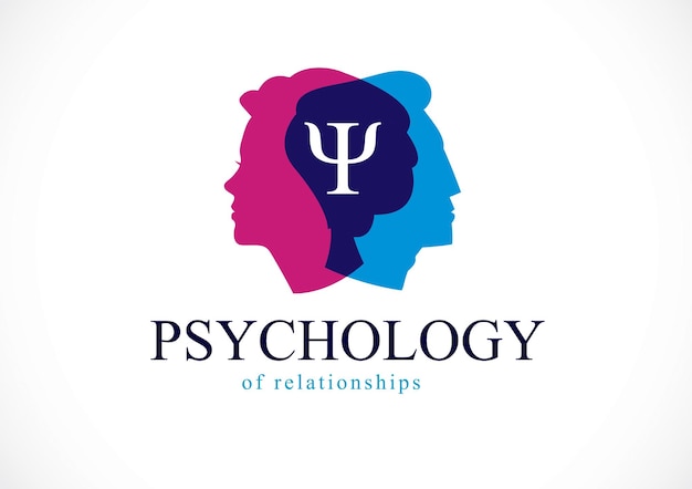 Vector concepto de psicología de relaciones creado con perfiles de cabezas de hombres y mujeres, logotipo vectorial o símbolo de problemas de género y conflictos en la familia, las relaciones cercanas y la sociedad. diseño sencillo de estilo clásico.