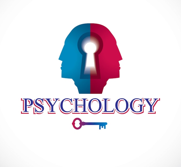 Concepto de psicología y salud mental, creado con perfil de cabeza de hombre doble y ojo de cerradura, el psicoanálisis como clave para la naturaleza humana, la individualidad y la sombra del arquetipo. Diseño de logotipo o icono vectorial.