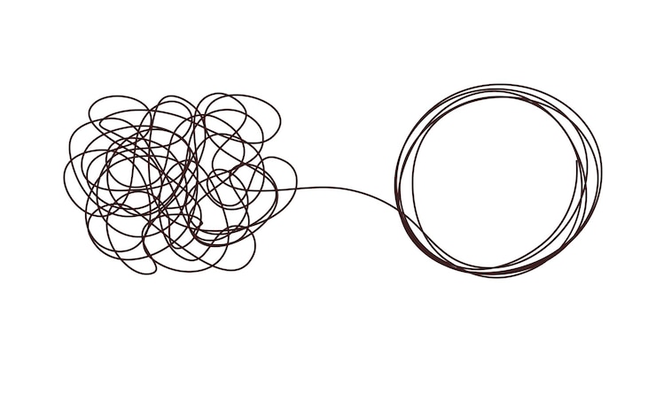 Vector concepto de psicoterapia del caos enredo diseño de negocios en una línea teoría del orden doodle gráfico espiral s